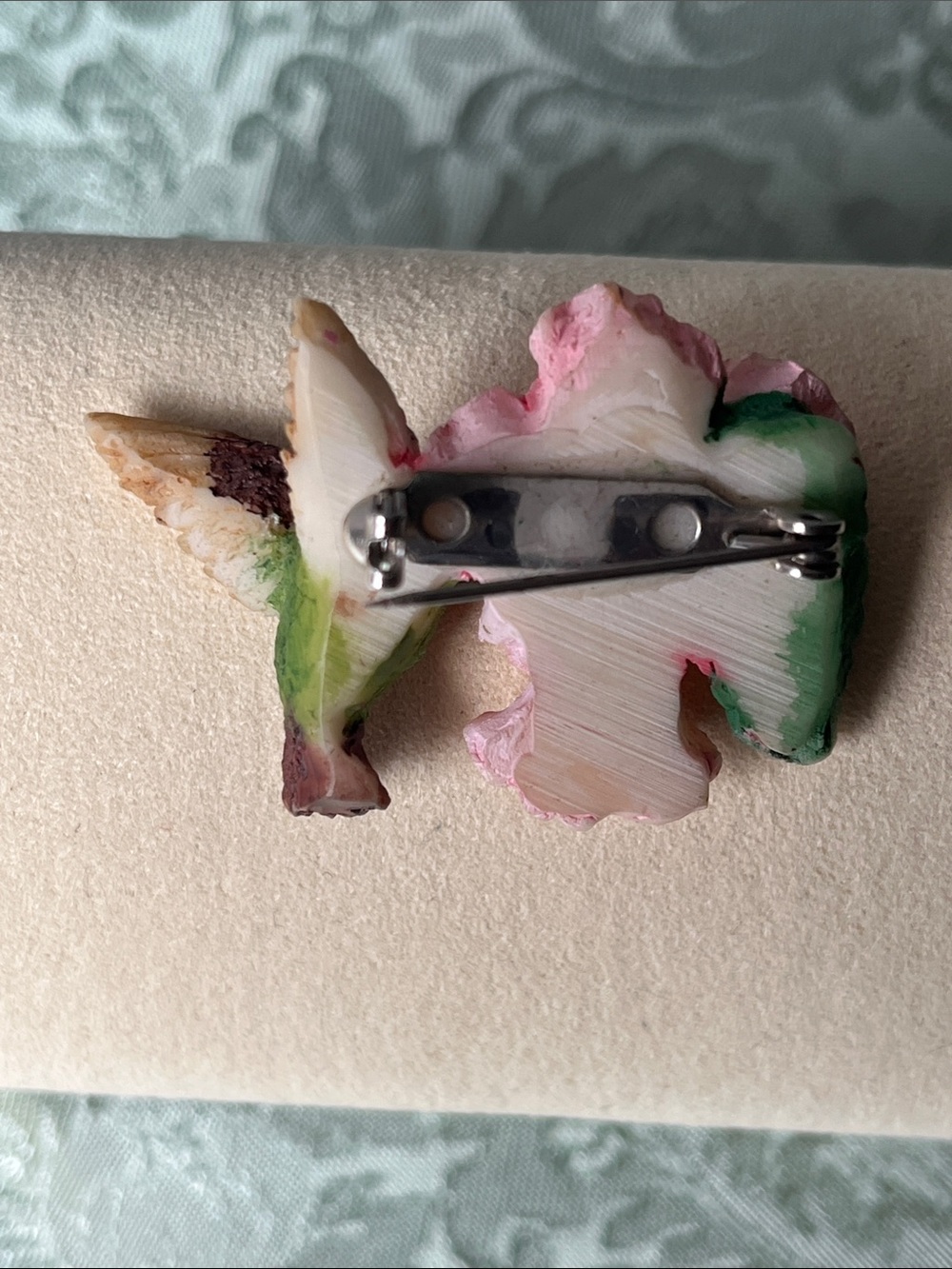 Hummingbird & Hibiscus Brooch Hand-Painted Bisque Porcelain - Picture 3 of 5